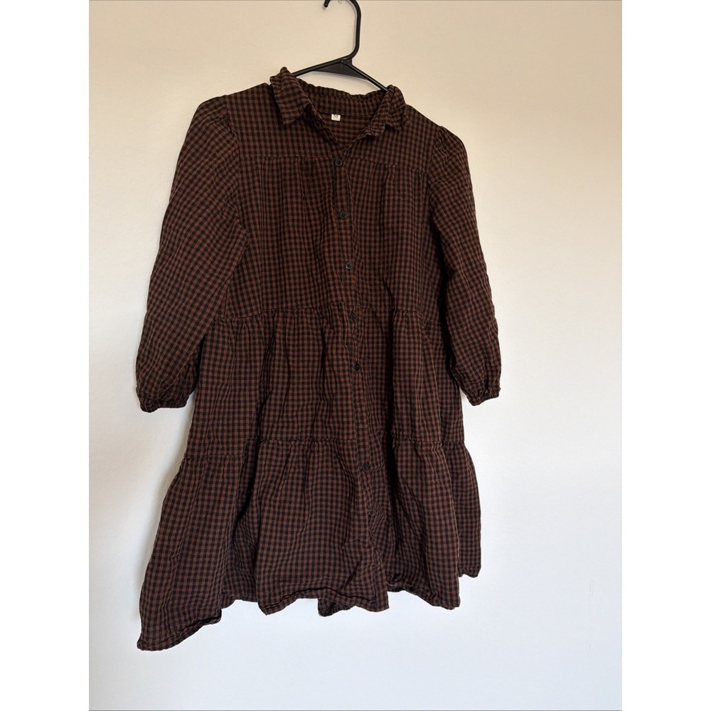 SHEIN Tiered Babydoll 100% Cotton Mini Dress Brown 3/4 Sleeve Minimalist Sz M